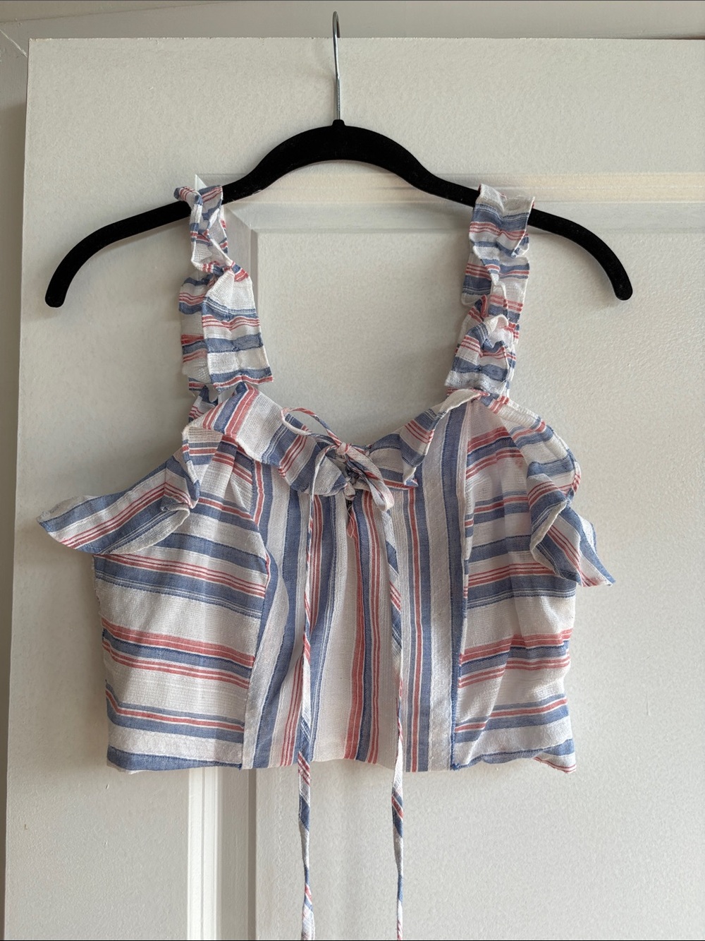 J.O.A. Striped Ruffle Tie-Front Crop Top - White, Blue, Red. 100% Cotton